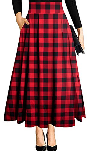 Damen High Waist Maxirock Taschen mit Seitenschlitz Langer A-Linie Rock Schwarzes Karo S