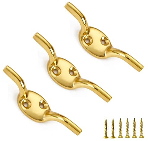 TERF® Heavy Duty Solid Brass Rope Cord Cleat Hooks 75mm [ 3'' ] Washing Line Blind Curtain Ship Flagpole Cord Rope Cleat Hooks with Fixing Screw and Multi Purpose Use - Pack of 3