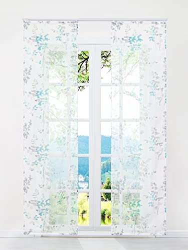 ESLIR Schiebegardinen Voile Flächenvorhänge Set 2er Gardinen mit Klettband Schiebevorhang Transparent Vorhang mit Blätter Muster Grün BxH 57x145cm 2 Stück