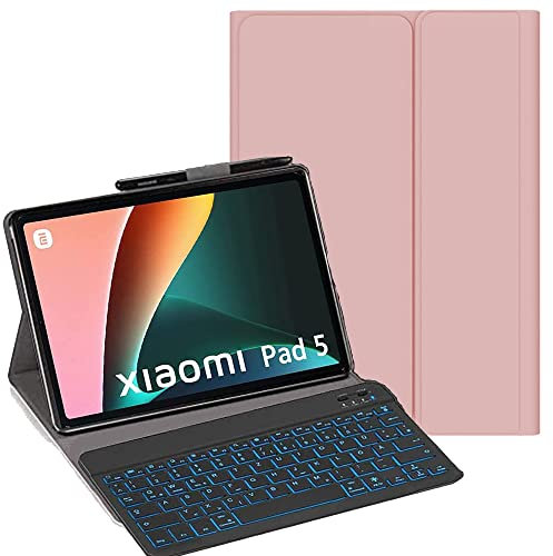 YHFZR Tastatur Hülle für Xiaomi Mi Pad 5/5 Pro 11 Zoll, [Deutsches QWERTZ] Ultraslim Hülle mit 7 Farben Beleuchtung Kabellose Tastatur mit Schützhülle für Xiaomi Mi Pad 5/5 Pro 11 Zoll (Rosa)