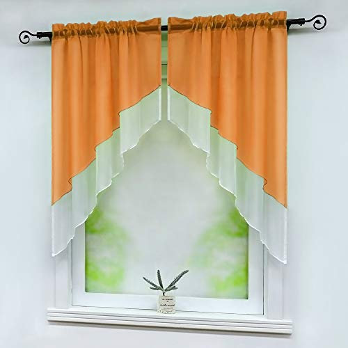 Delien Bistrogardinen mit Durchstangenzug Modern Scheibengardine Voile Türgardine Kurz Stores Zweifarbig Gardinen Doppelschicht Kleinfenster Vorhang Tunnelzug BxH 80x80cm,Orange