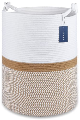 COMSE Extra Large Blanket Basket, Tall Woven Storage Basket, Nursery Hamper, 40 x 55 CM, Cotton Rope Laundry Hamper for Toys Clothes Towels, Blend White/Khaki
