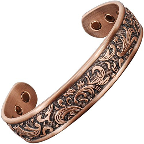 Ladies Pure Copper Magnetic Bracelet Women Copper Bangle Cuff 6 Neodymium Magnets Adjustable, Floral Pattern-PC