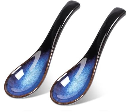 Asian Soup Spoon Set, Blue Japanese Soup Spoon ceramic Chinese Soup Spoons Ramen spoon Retro porcelain spoon Rice Spoons for Cereal Stews Ramen Pho Wonton Dumpling Miso, 2pcs