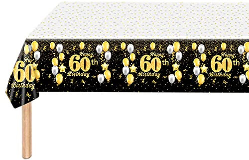 Happy 60th Birthday Black Gold Table Cloth Cover Party,137*274cm 60th Birthday Table Decorations for Boys,Girls,Men,Women,Him,Her,Rectangular Plastic Tablecloth for 60th Birthday Party Supplies Decor