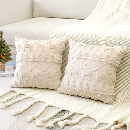 Artscope 2er Set Wolle Kissenbezüge Weicher Plüsch Kurzer Wollsamt Dekokissenbezuge Luxuriöses Sofakissen Europäische Kissenhülle für Sofa Schlafzimmer Weihnachtsbaum und Elch Creme Beige, 60x60cm