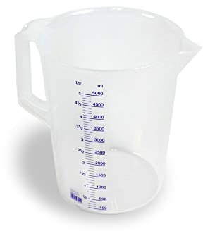 1099298 - Jarra de medición, con mango, plástico, polipropileno, transparente, 5000 ml, 5 l, 5 litros, profesional, taller de ocio, resistente a los alimentos, apto para microondas y congelador