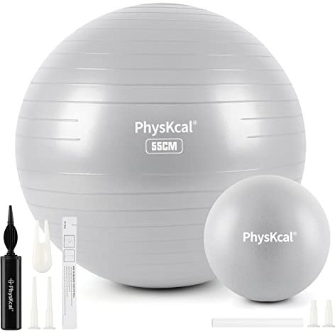 PhysKcal 55cm Grey Dicker Gymnastikball und 23 cm Pilatesball Set, Anti Burst Gymnastikball, Anti-Rutsch-Sitzball, Balanceball, Yogaball für Zuhause, Fitnessstudio und Büro