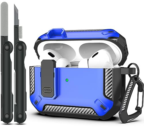 RFUNGUANGO compatible with AirPods Pro 2nd case protective case with cleaning kit, military hard shell protective case with lock for AirPod Pro case(2023/2022/2019),Blue