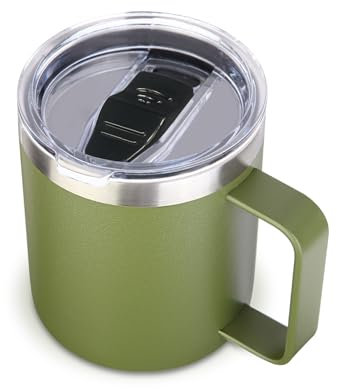 Volhoply 14oz Insulated Stainless Steel Coffee Mug with Leakproof Lid,Double Wall Vacuum Travel Coffee Cup with Handle,Reusable Metal Tumbler,Camping Mugs Keep Hot,Christmas Gifts(Army Green,1)