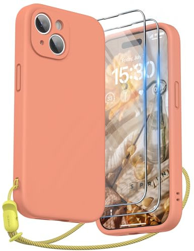 SURPHY Design for iPhone 15 Case, Liquid Silicone Protection for Each Lens [2 x Screen Protectors & 1 x Lanyard] Shockproof Cover for iPhone 15 6.1 inch 2023, Orange Sorbet