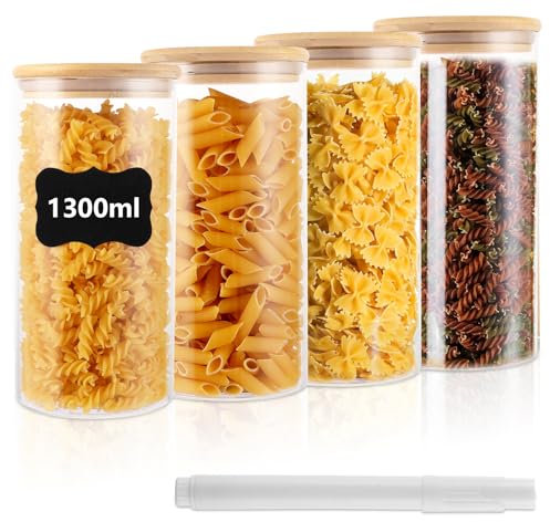 FWEEK Lot de 4 Bocaux en Verre Hermétiques 1300ml avec Couvercles Bambou, Pots de Conservation Alimentaire pour Farine, Céréales, Noix, Transparents et Étanches