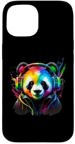 Custodia per iPhone 15 Rainbow DJ Panda Cuffie Musica