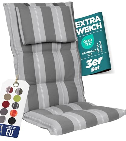 gardisun Gartenstuhlauflagen Hochlehner mit Kopfteil, 3er Set, Anthrazit | Extra Dicke Sitzauflagen, Made in EU, Polsterauflagen für Hochlehner, Auflagen mit extra hoher Lichtechtheit