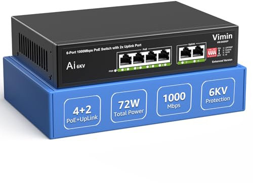 Switch Gigabit PoE a 6 Porte con 4 Porte PoE, VIMIN Switch di Rete PoE a 4 Porte Non Gestito 10/100/1000Mbps con 2 Porte Uplink, AI Watchdog, VLAN, Estensione 250m, Supporta IEEE802.3af/at