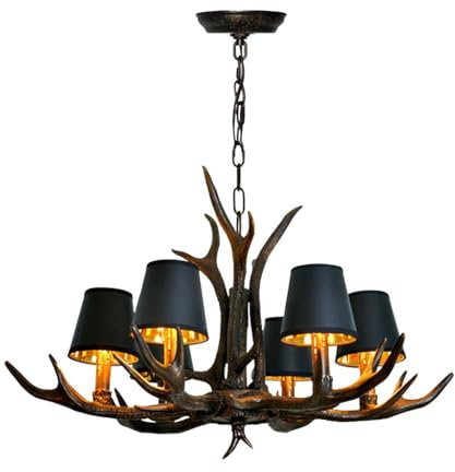 HEYUN Geweih Kronleuchter Vintage Industriestil Hängelampe Pergament Lampenschirm Harzsockel Pendelleuchte Höhenverstellbare Pendellampe Wohnzimmer Café Bar Esszimmer Deckenleuchte (Color : 6 Black)