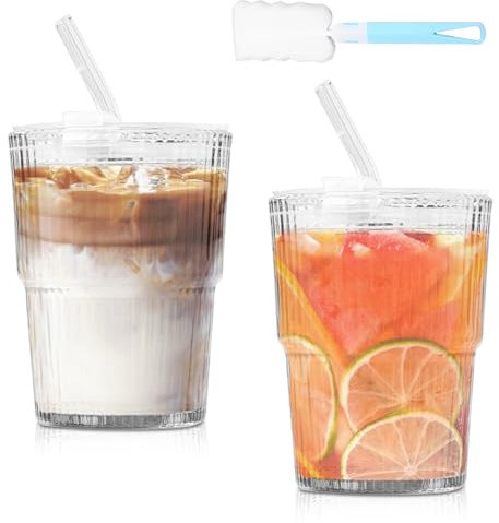 SPORWAY 2 vasos de cristal con tapa y pajita, vasos de agua de 450 ml, vasos con tapa, vasos de Beverages Hot & Cold, regalo 1 pincel limpio, taza de café helado, vaso de cristal, vasos de bebidas