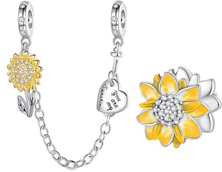 Annmors 925 Sterling Silber Bead Charms Europäische Armbänder Halskette Daisy Safety Chain Charm Perlen mit Zirkonia,Weihnachten,Valentinstag,Muttertag,Geschenkanhänger Frauen Mädchen 2-Stück/Paket