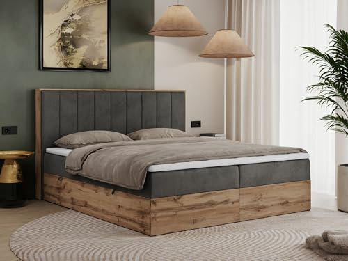 MKS MEBLE Boxspringbett 180x200 Mit Bettkasten Eiche, Polsterbett Mit Matratze H3, Kopfteil und Holzrahmen in Wotan Eiche - Dunkelgrau Velvet - Bellissimo