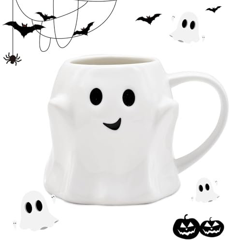 Taza de cerámica fantasma de Halloween – Taza de temática divertida para café, leche, jugo – ideal para invitados (blanco)