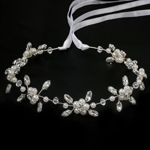 Sibba Flower Girl Headpiece Silver Wedding Headband Pearl Hair Accessory Princess Crystal Head Wear Women White Rhinestones Hairbands Bridal Hair Hoop for Birthday Party First Communion