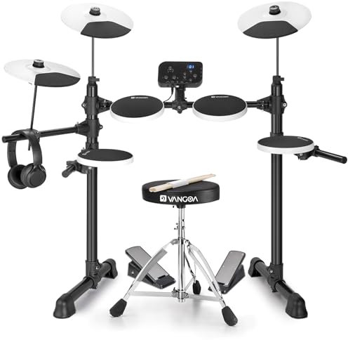 Vangoa Elektronisches Schlagzeug, Schlagzeug Elektronisch für Erwachsener 8-teilig mit leisen Drum Pads, Becken, 2 leichten Pedalen, 150 Sounds, Kopfhörer, e drumset für Erwachsene Kinder Weiß