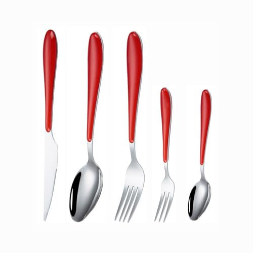 Plastic Clamp Handle Kitchen Stainless Steel Silverware Tableware Flatware Cutlery Set Steak Knife Fork Spoon Teaspoon (Red,5 pieces)