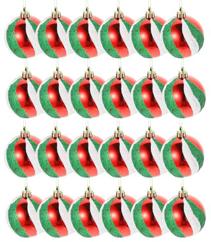 IMIKEYA 36 Stück Kunststoff Weihnachtskugeln gestreifte Christbaumkugeln Glitzer Weihnachtsbaum Kugeln Rot Grün Weiß Tannenbaum Kugeln Christbaumschmuck Dekoration für Party Haus Deko