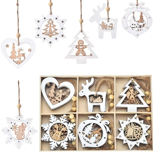 24 Stück Weihnachtsbaum Deko Holz, DIY Weihnachtsdekoration Holz, Dekoration Arrangement Hängender Holzweihnachtsbaum Baumkrone Dekoration, fünfzackiger Stern, Schneemann, für die Weihnachtsdekoratio