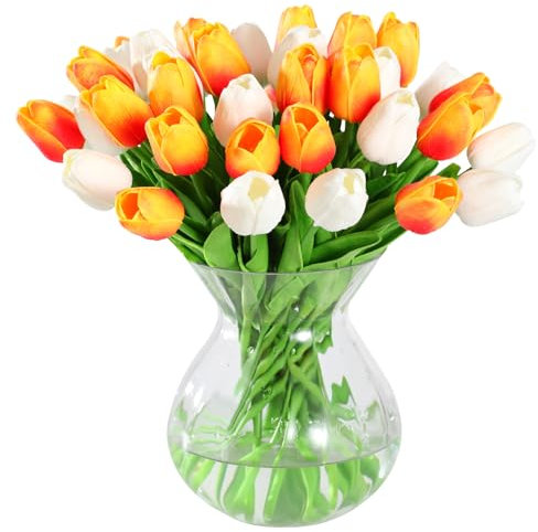 JUSTOYOU 40 Künstliche Tulpen Blumen,Fake Real Touch Latex Tulpe, Faux Blume Tulpe Hochzeit Sträuße für Hochzeit Home Garten Dekoration(weiß+orange)