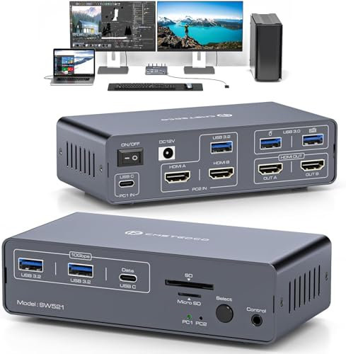 JCYMELE HDMI KVM Switch 2 PC 2 Monitore EDID 4K@60Hz USB C KVM Docking Station für Laptops and Desktop Teilen 13-in-1 Dockingstation mit USB 3.0-Kabel*1, USB-C-Kabel*1 und Desktop Controller