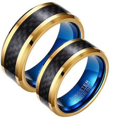 Calefee Wolfram Ringe Paar, Ehering Set für Sie und Ihn Paarpreis Ring Carbon Gold Blau 8 mm, Damen Größe 57 und Herren Größe 67