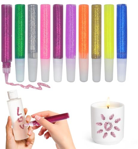 10 - Piece Set of 10ml Washable, Non - Toxic Glitter Glue Pens in Assorted Colours - Fine Dosing Tip for Kids' Scrapbooking & Card Making
