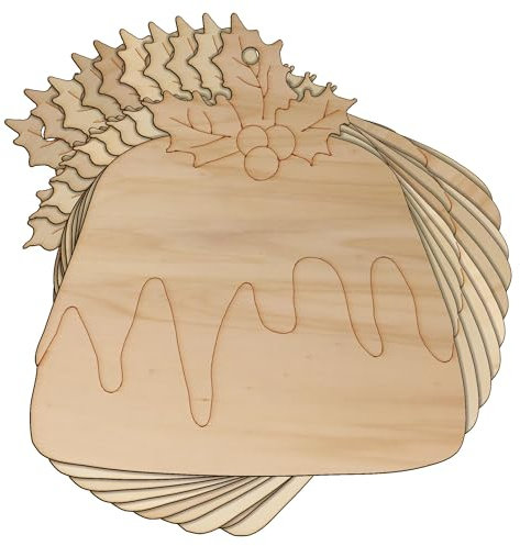 10 x hölzerne Weihnachtspudding-Stechpalmen-Bastelform, 3 mm lagig, Weihnachts-Dinnertopf (4 x 3,8 cm, Loch oben mittig)