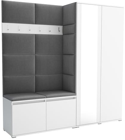 Brent - Flurgarderobe Luton 4, Garderobe Set: Schuhbank mit Sitzfläche, Garderobenpaneel, Garderobe mit Spiegel, Flur Möbel, Weiß + Polsterpaneele in Hellgrau