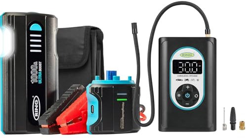 RING Bundle: Cordless Tyre Inflator & ULTRABOOST 1000A Car Battery Jump Starter - Rechargeable & Battery Booster With Jump Leads
