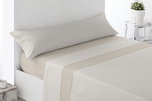 Miracle Home. Juego de sábanas Vichy. Set de 4 Piezas, sábana Bajera Ajustable, encimera y 2 Fundas de Almohada. Anti Peeling.Beige. 150 x 200. Cama 150. 2 Fundas de Almohada de 70x45