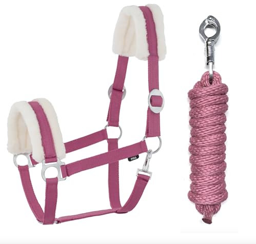 JA Horse Kunstfell Halfter Führstrick Set mit Panikhaken verstellbar Pferdehalfter Pferd Holzpferd Anbindestrick (Kunstfell Panikhaken Pink, Pony)