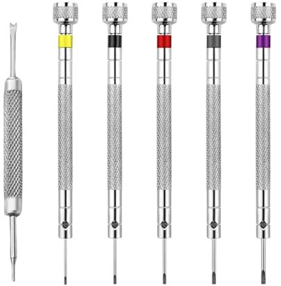 6-in-1 Precision Screwdriver Set, 5 Mini Flathead Screwdrivers (0.8/1.0/1.2/1.4/1.6mm) + Watch Pins Removal Tool, Glasses Screwdriver Kit for Jewelry, Sunglasses & Electronics Repair