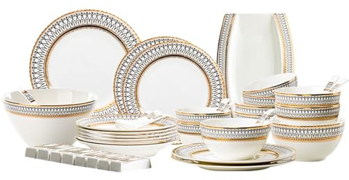 Generisch Porzellangeschirr-Set, Leichtes Bone China Im Luxus-Stil, Kratzfestes Und Verschleißfestes Geschirr, Mikrowellen- Und Spülmaschinenfest, Elegantes Design Mit Goldrand (8 People)