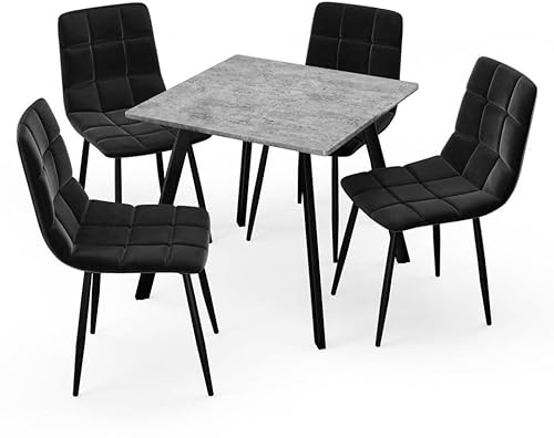 URBNLIVING 80cm Square Table with 4 Velvet Chairs | Stylish Dining Set for Apartment & Small Spaces - Concrete Table Black Chair
