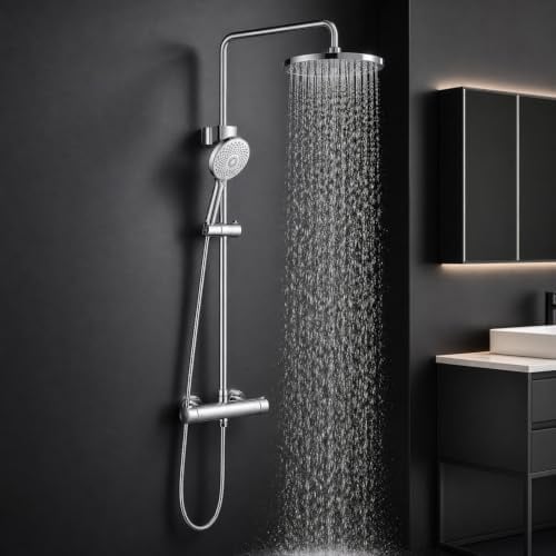 JUSTER termostaticoalcachofa,Ducha de lluvia23 cm,Juego de ducha | Columna ducha con grifo, lluvia 23 cm, 3 modos, altura regulable, termostática 38°C, accesorios, instalación fácil.