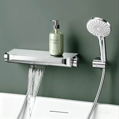 Mai & Mai Thermostat Badewannenarmatur mit Handbrause Silber | Wannenarmatur aus Messing, Wannenthermostat 4 Strahlarten Wandarmatur für Badewanne, inkl. Brauseschlauch Oryntex-03