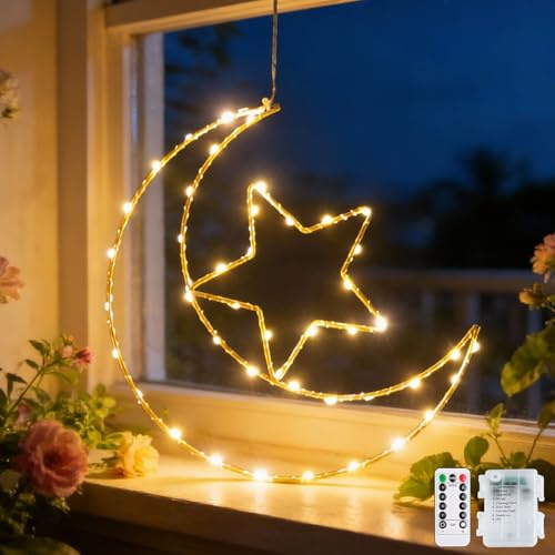 Ramadan Deko Lichterkette, Stern Mond Lichterkette Fenster Lichter Eid Mubarak Dekoration Mond Vorhang Lichter mit Timer Stern Hängende Fensterlichter mit Haken Ramadan Dekoration für Party Deko (B)