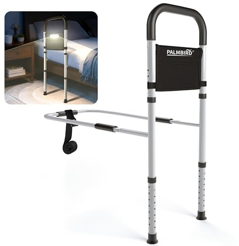 PALMBIRD Adjustable Bed Rail for Elderly Adults Safety: Motion Sensor Light & Storage Pocket, Bed Assist Grab Bar, 300 LBS Load Capacity, Tool-Free Assembly, Fits King Queen Full Twin Beds