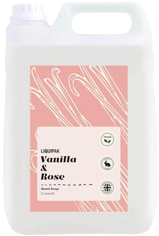 Vegan Hand Soap Liquid Refill Vanilla & Rose for Dispensers, Gentle Hand Wash for Home and Commercial Use, Made in UK (1 x 5L)