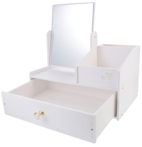 White Pvc Divided Drawer Cosmetics Box with Mirror for Desktop | Home Storage for Jewellery and Cosmetics, Back to School Decorations, Dustproof Organiser for Vanity Tops