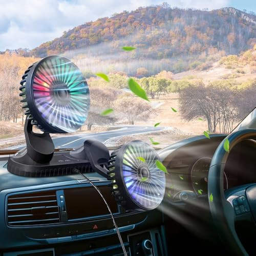 RNPKZ Car Fan, 5V Dual Head Car Cooling Fan, Portable Adjustable Dashboard Fan with 3 Speeds, 360° Rotating & Light, USB Powerful Vehicle Mounted Fan for Auto Van SUV Truck Caravan(Folding Design)