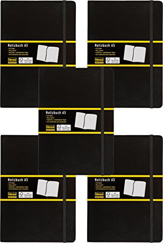 5er Pack Idena 209281 - Notizbuch DIN A5, 192 Seiten, 80 g/m², kariert, schwarz