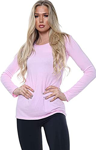 Ladies Womens Plain Long Sleeve Round Neck Top Basic T Shirt Layering Plus Sizes UK 8-26 (2XL (UK 20-22), Pink)